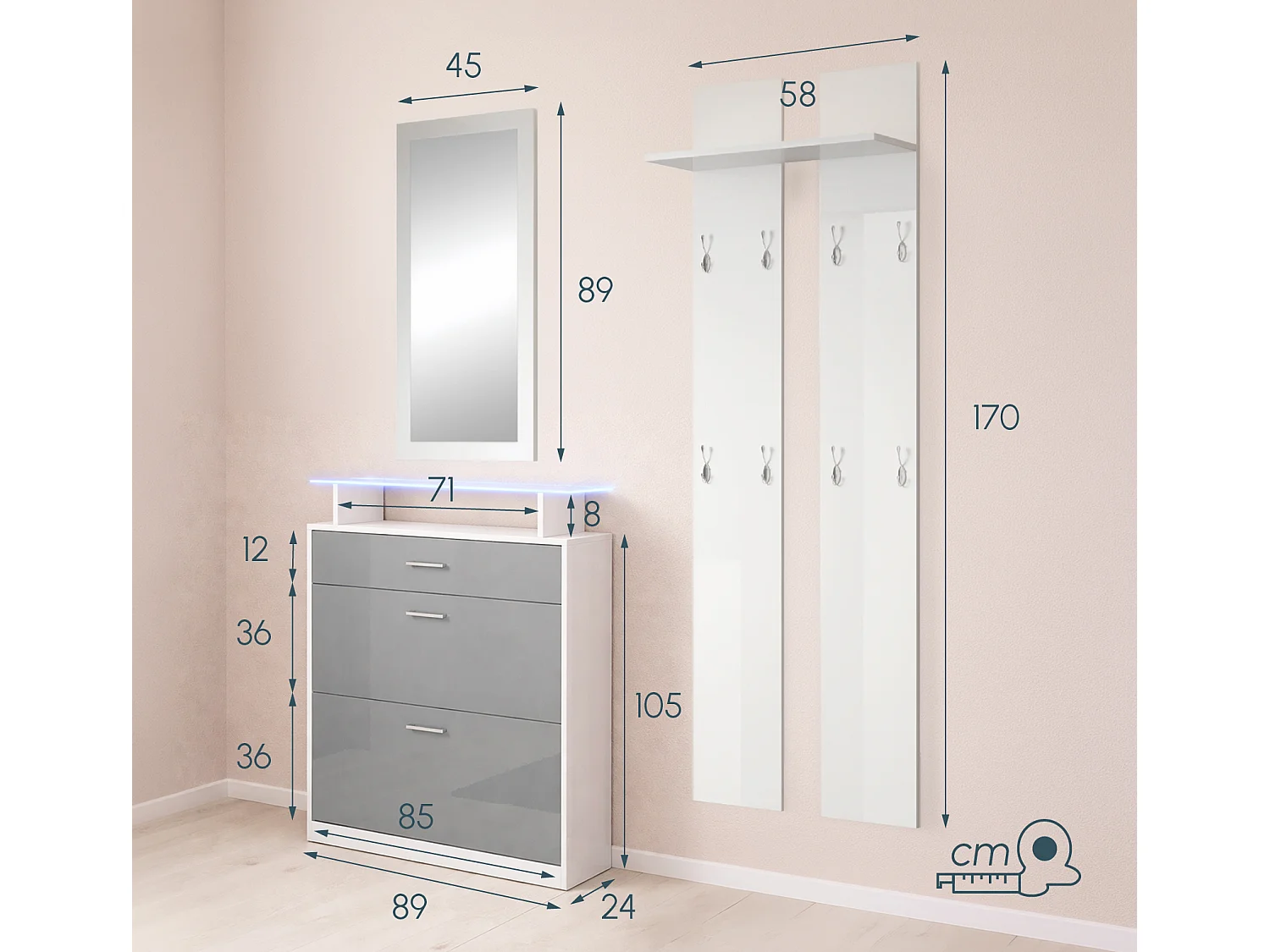 Ensemble d'entrée pour Hall d'entrée Couloir en Blanc et Gris avec LED 105x24x89cm Paola