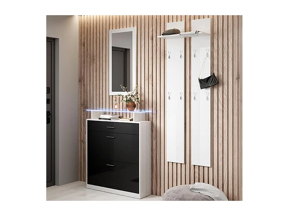 Ensemble d'entrée pour Hall d'entrée Couloir en Blanc et Noir avec LED 105x24x89cm Paola