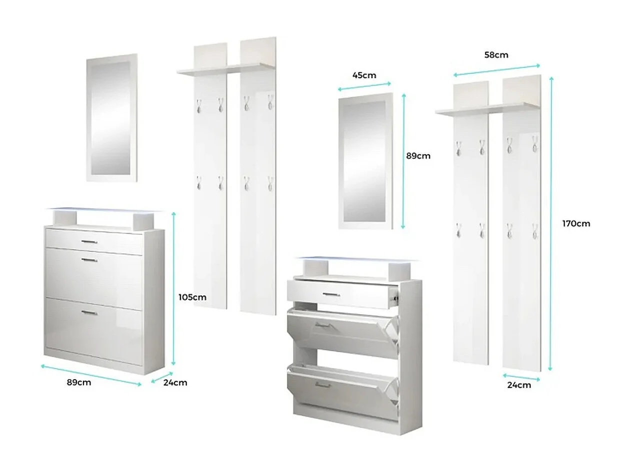 Ensemble d'entrée pour Hall d'entrée Couloir en Blanc et Noir avec LED 105x24x89cm Paola