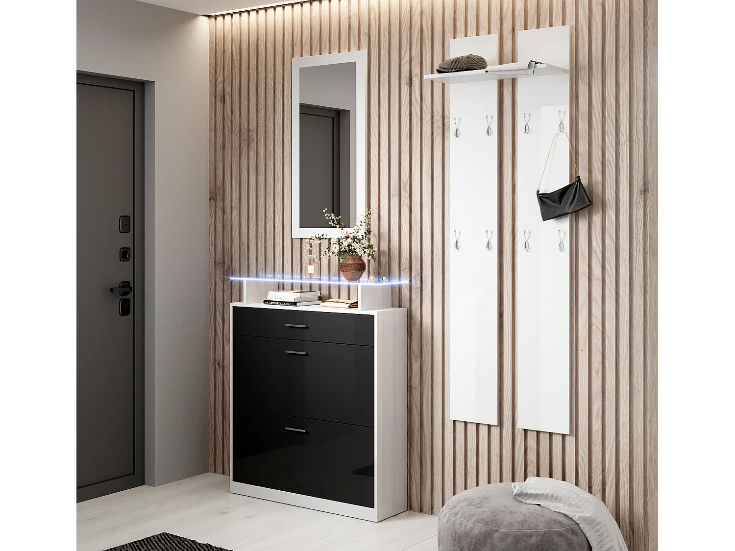 Ensemble d'entrée pour Hall d'entrée Couloir en Blanc et Noir avec LED 105x24x89cm Paola