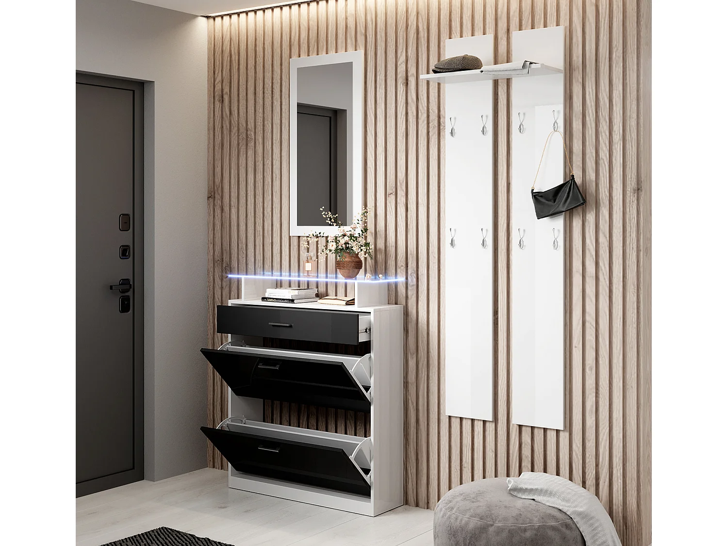 Ensemble d'entrée pour Hall d'entrée Couloir en Blanc et Noir avec LED 105x24x89cm Paola