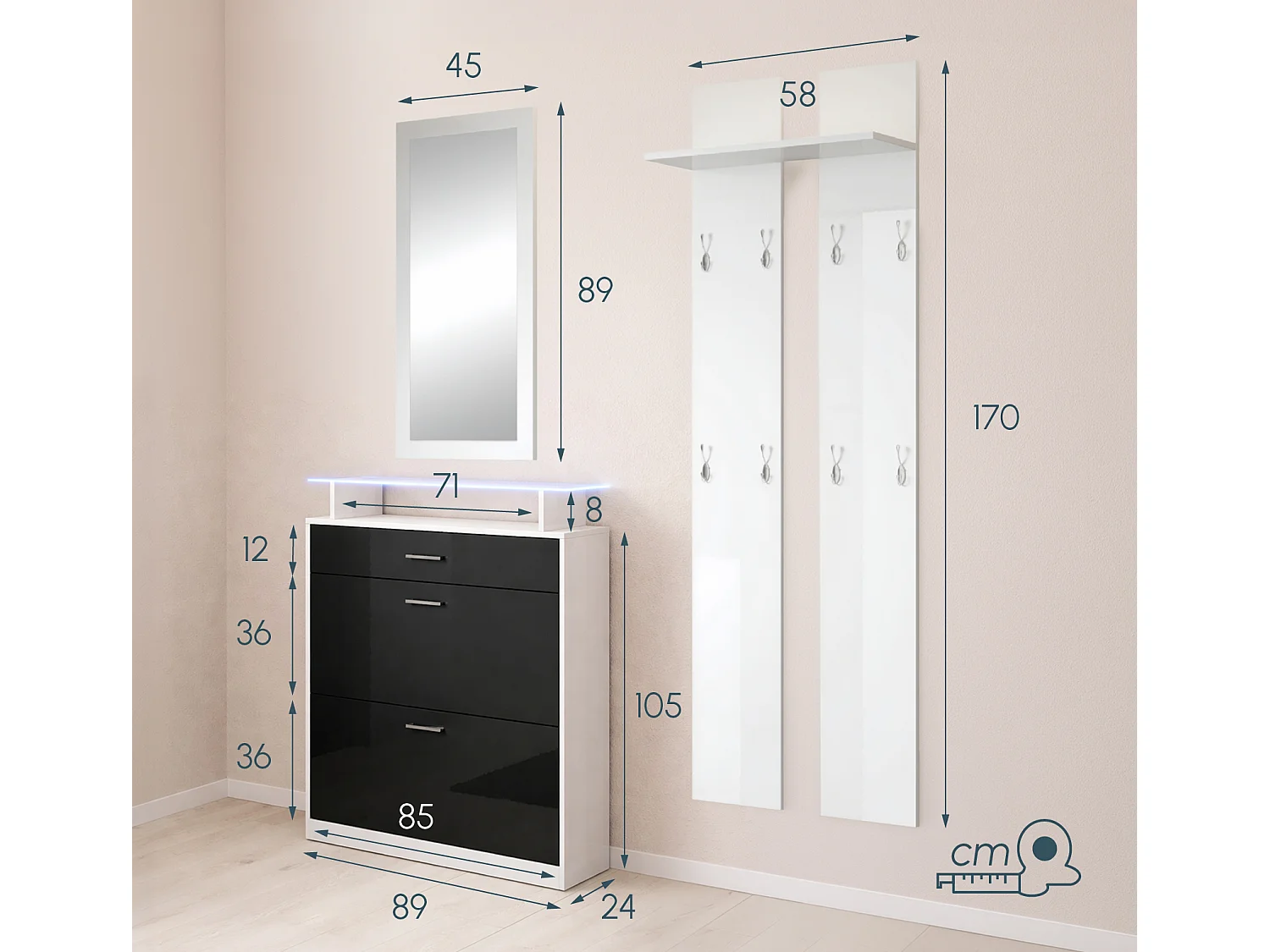 Ensemble d'entrée pour Hall d'entrée Couloir en Blanc et Noir avec LED 105x24x89cm Paola