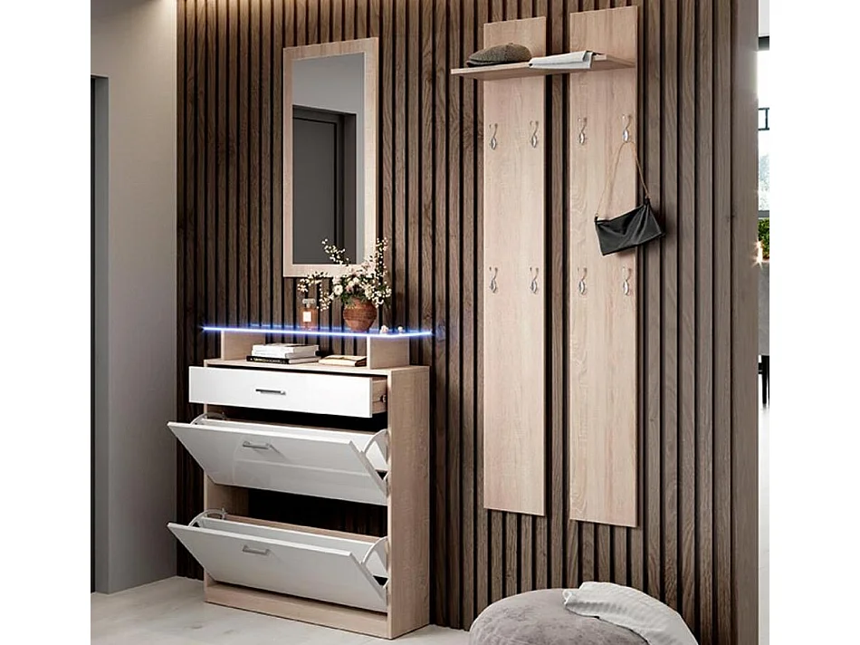 Ensemble d'entrée en Sonoma et Blanc avec LED 105x24x89cm Paola