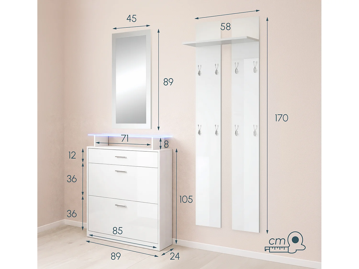 Conjunto recibidor para Entrada Pasillo en Blanco con LED 105x24x89cm Paola