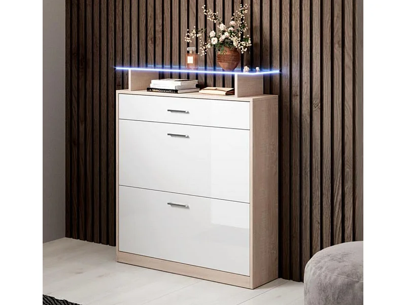 Meuble d’entrée à chaussures en Blanc et Sonoma avec LED 89x24x105cm Paola