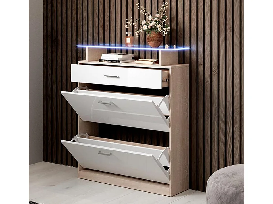 Recibidor zapatero para Entrada Pasillo en Blanco y Sonoma con LED 89x24x105cm Paola