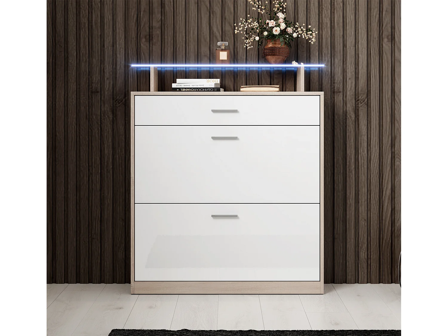 Meuble d’entrée à chaussures en Blanc et Sonoma avec LED 89x24x105cm Paola