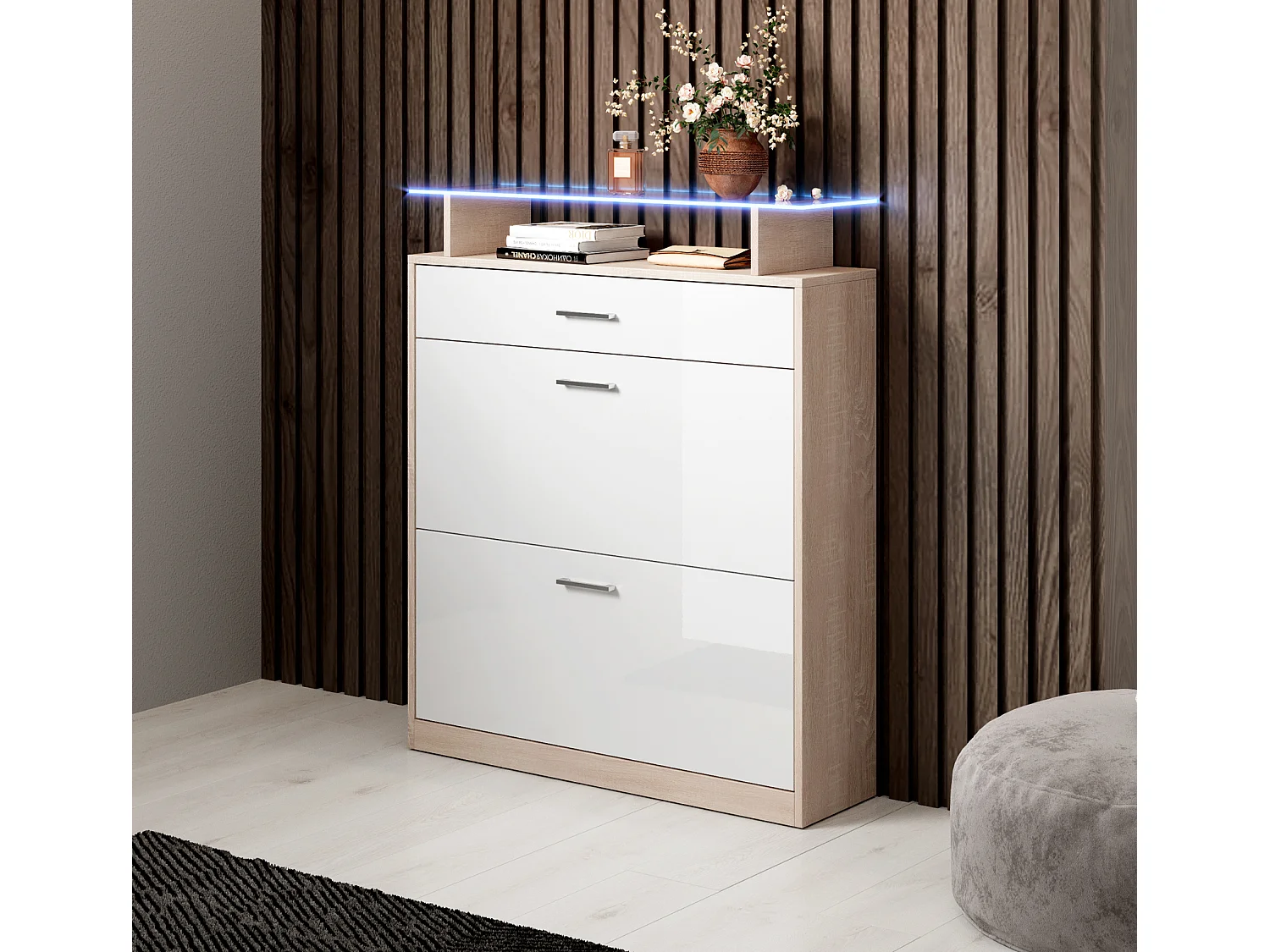 Meuble d’entrée à chaussures en Blanc et Sonoma avec LED 89x24x105cm Paola