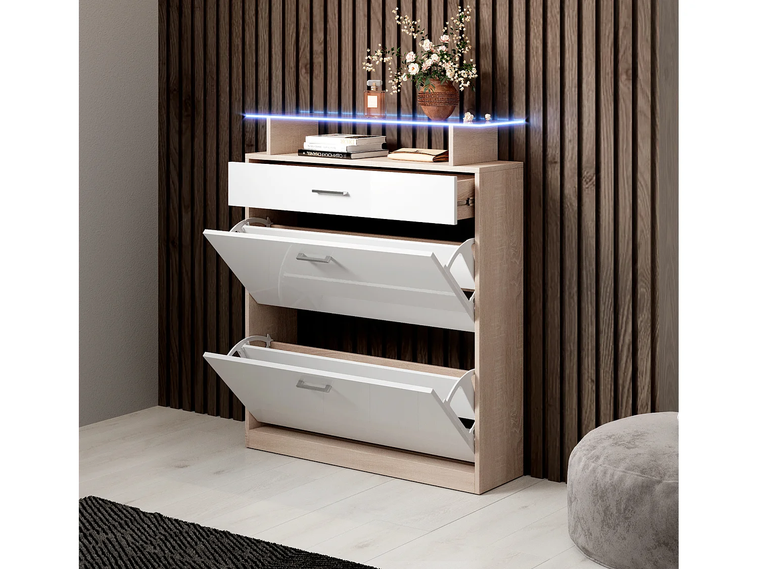 Meuble d’entrée à chaussures en Blanc et Sonoma avec LED 89x24x105cm Paola