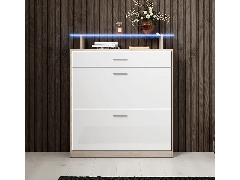 Meuble d’entrée à chaussures en Blanc et Sonoma avec LED 89x24x105cm Paola