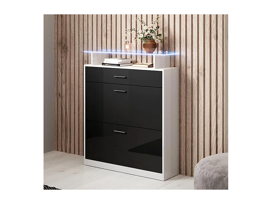 Meuble d’entrée à chaussures en Blanc et Noir avec LED 89x24x105cm Paola