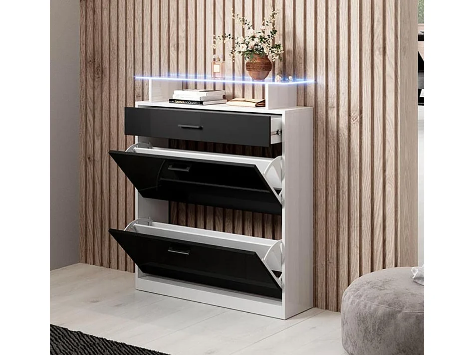 Meuble d’entrée à chaussures en Blanc et Noir avec LED 89x24x105cm Paola