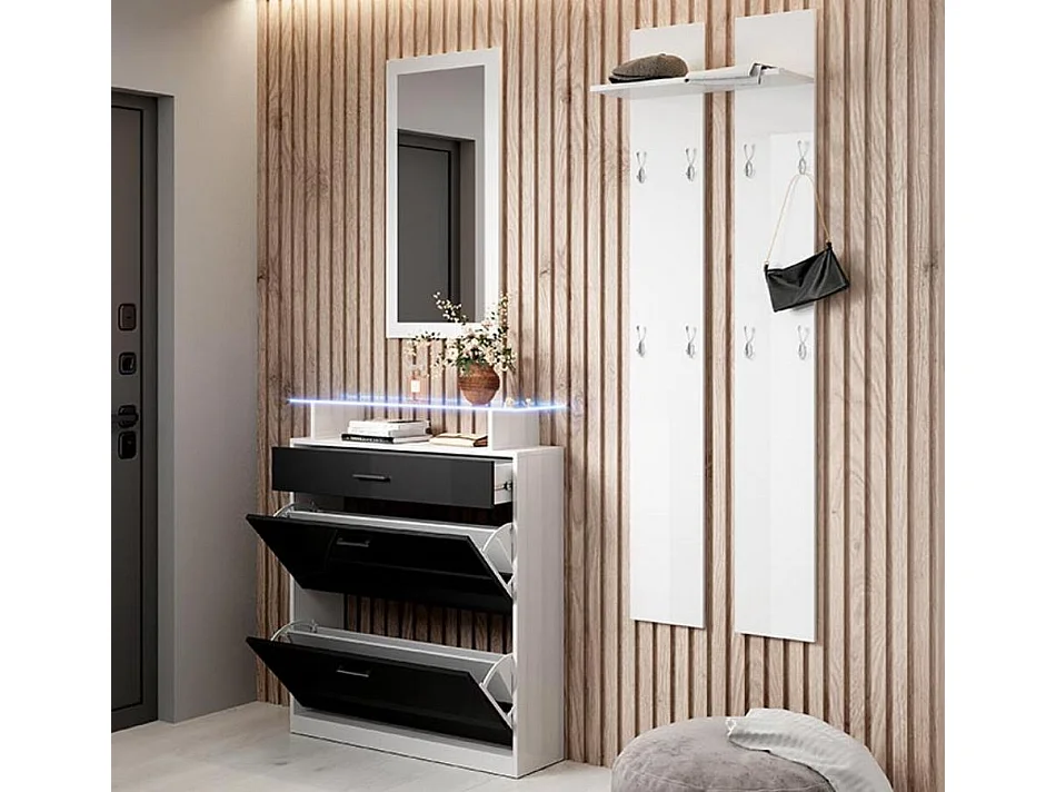 Meuble d’entrée à chaussures en Blanc et Noir avec LED 89x24x105cm Paola