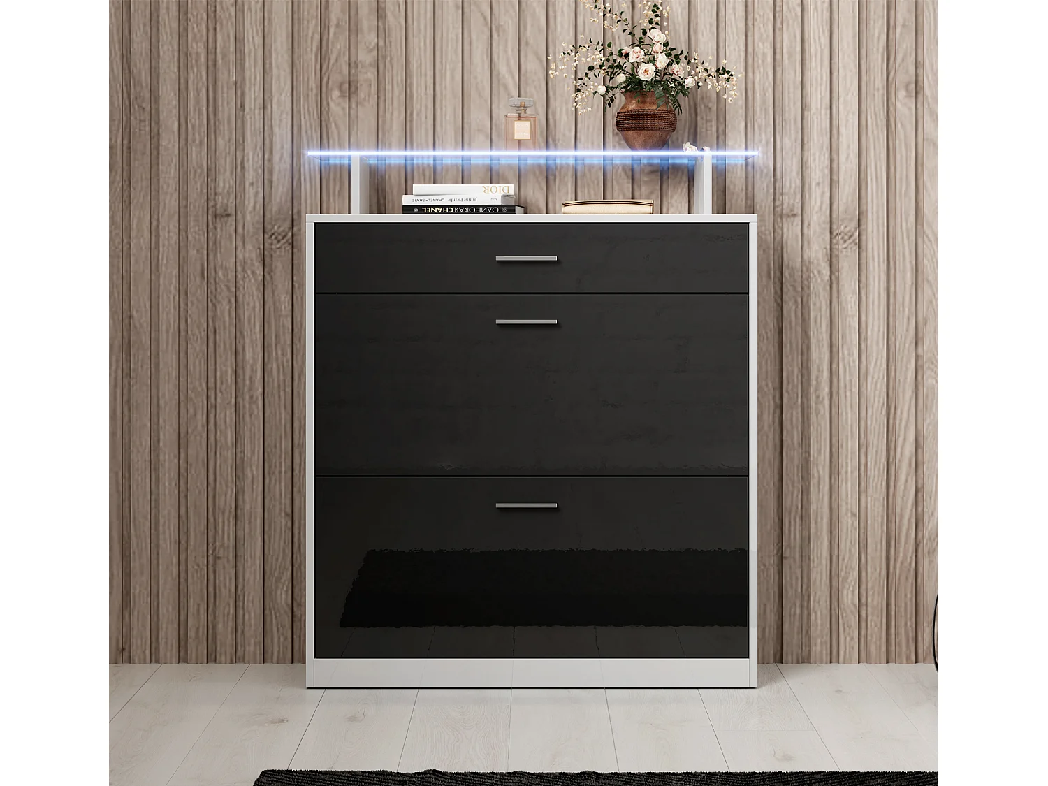 Recibidor zapatero para Entrada Pasillo en Blanco y Negro con LED 89x24x105cm Paola