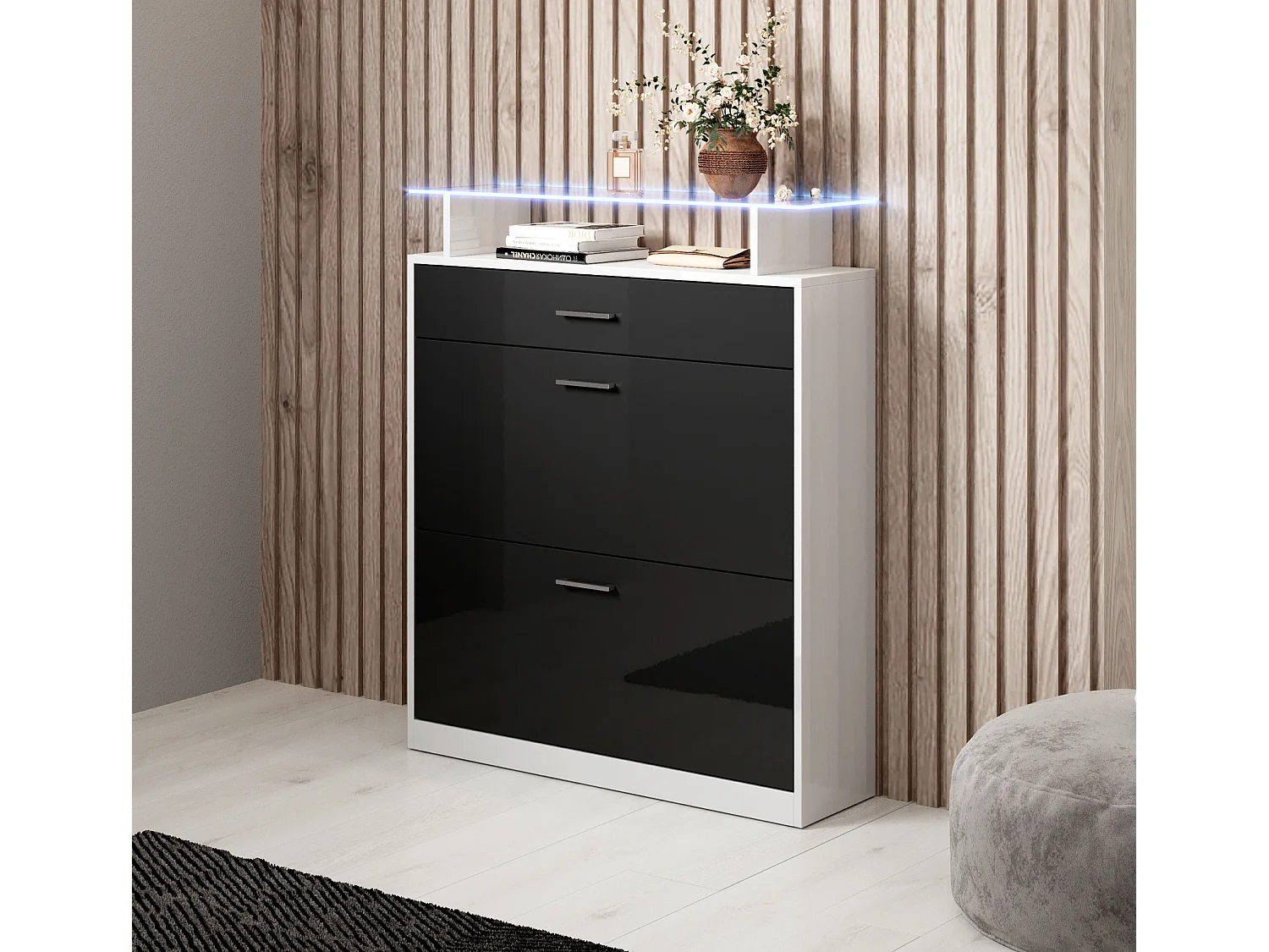 Recibidor zapatero para Entrada Pasillo en Blanco y Negro con LED 89x24x105cm Paola