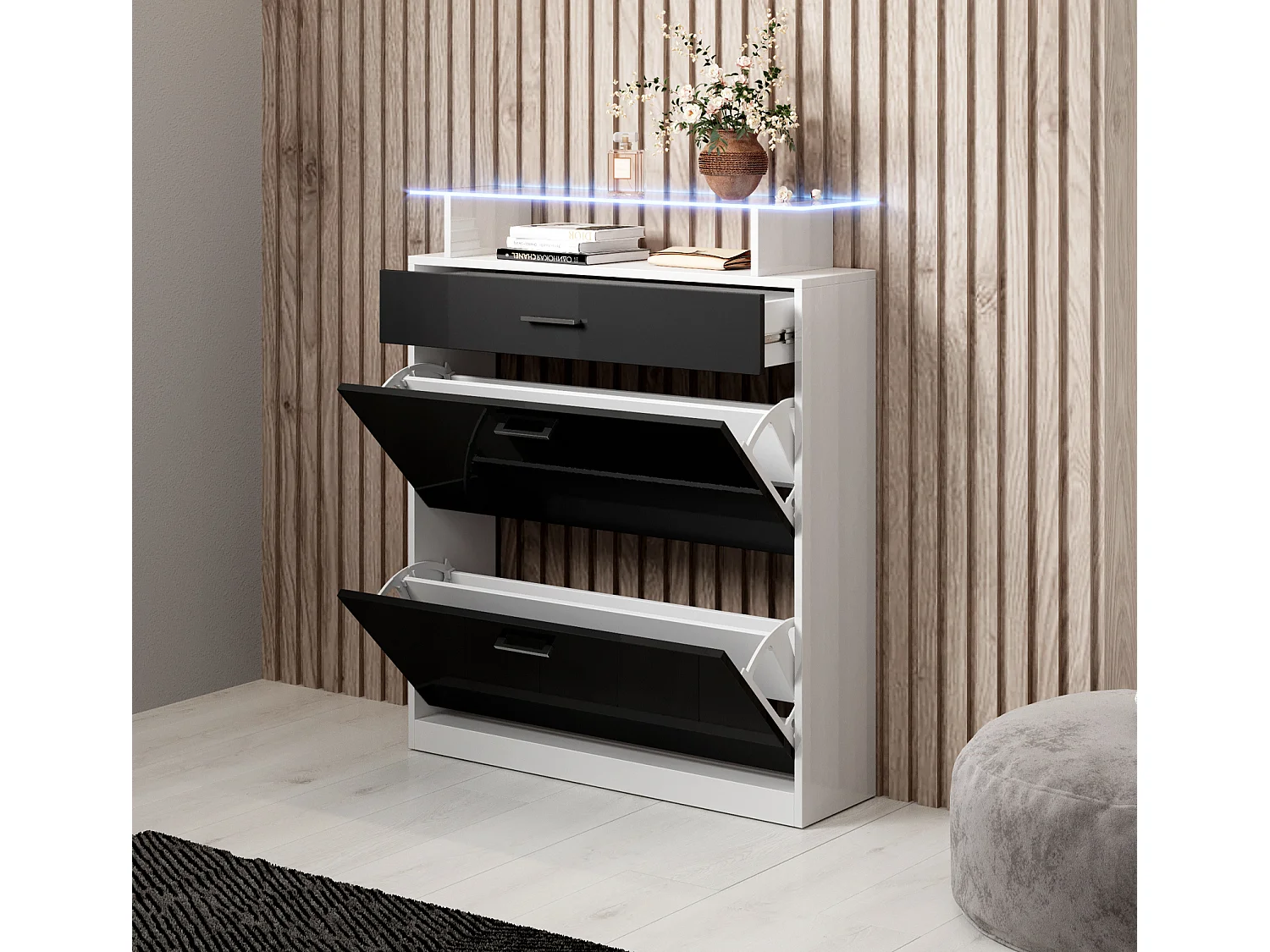 Recibidor zapatero para Entrada Pasillo en Blanco y Negro con LED 89x24x105cm Paola