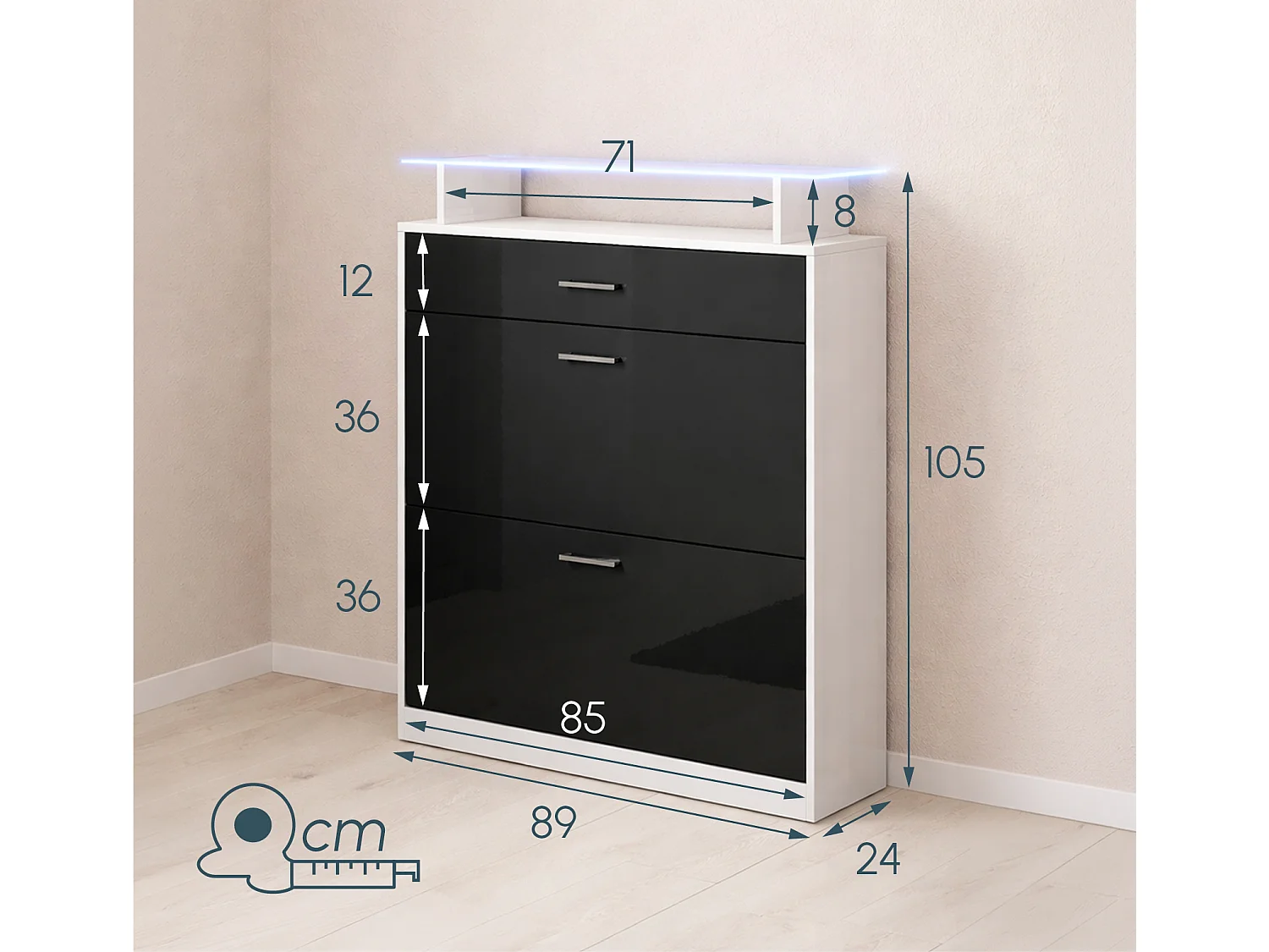 Recibidor zapatero para Entrada Pasillo en Blanco y Negro con LED 89x24x105cm Paola