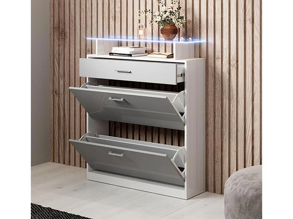 Recibidor zapatero para Entrada Pasillo en Blanco y Gris con LED 89x24x105cm Paola