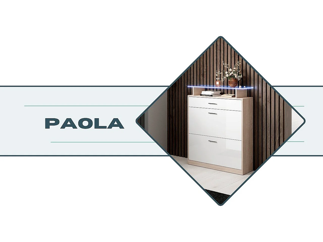 Meuble d’entrée à chaussures en Blanc et Gris avec LED 89x24x105cm Paola