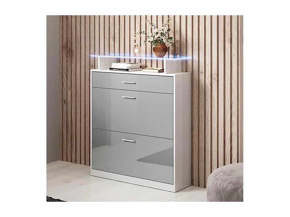 Meuble d’entrée à chaussures en Blanc et Gris avec LED 89x24x105cm Paola