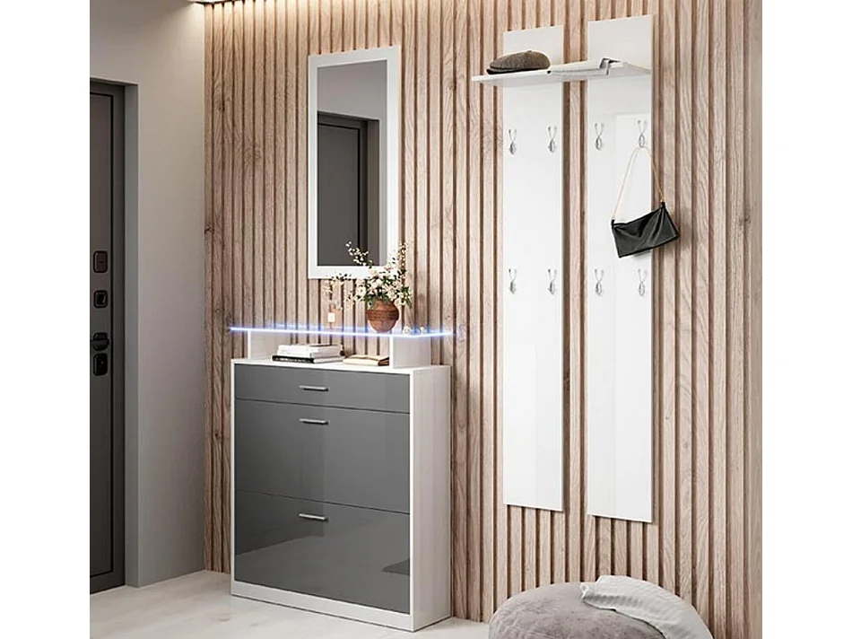 Meuble d’entrée à chaussures en Blanc et Gris avec LED 89x24x105cm Paola