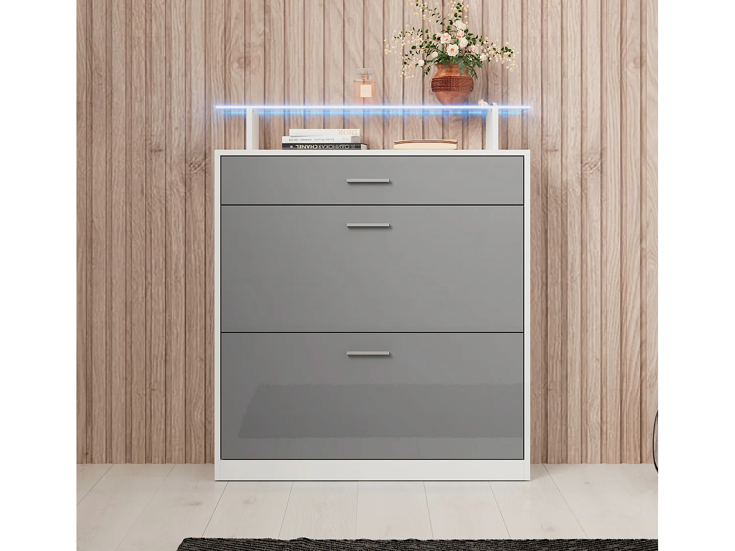 Recibidor zapatero para Entrada Pasillo en Blanco y Gris con LED 89x24x105cm Paola