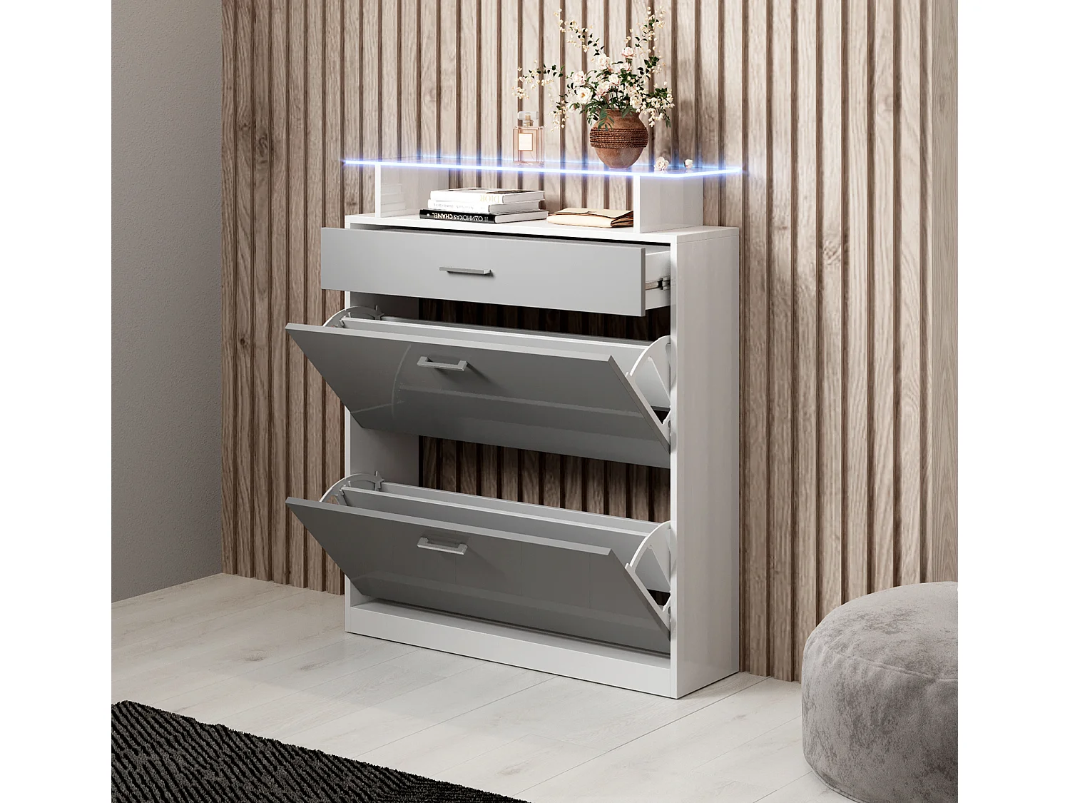 Recibidor zapatero para Entrada Pasillo en Blanco y Gris con LED 89x24x105cm Paola