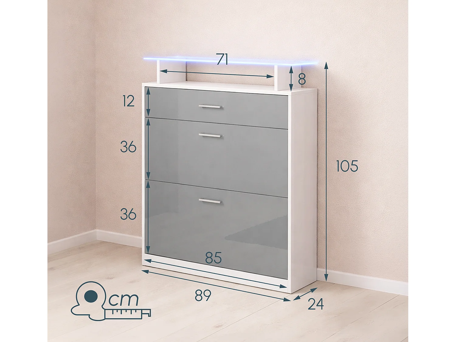 Recibidor zapatero para Entrada Pasillo en Blanco y Gris con LED 89x24x105cm Paola