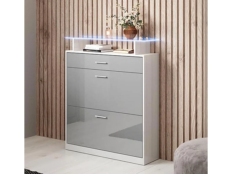 Meuble d’entrée à chaussures en Blanc et Gris avec LED 89x24x105cm Paola