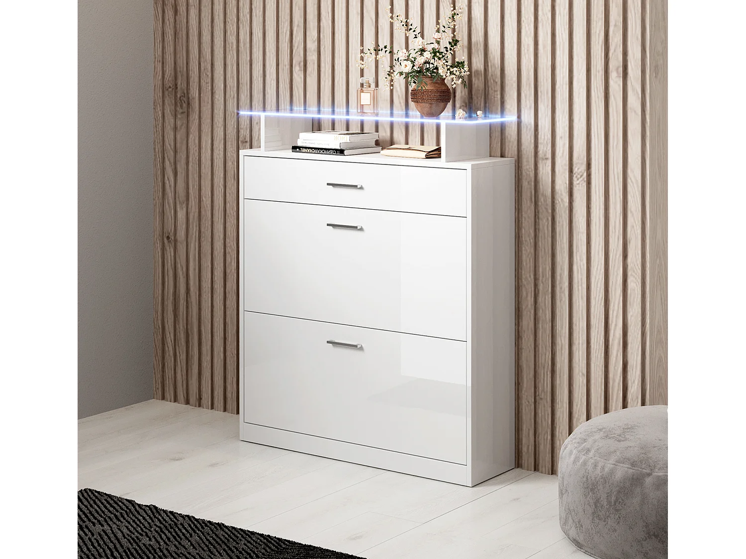 Recibidor zapatero para Entrada Pasillo en Blanco con LED 89x24x105cm Paola