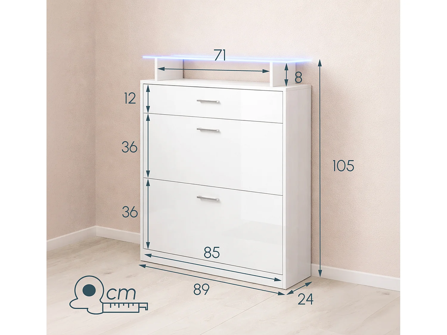 Recibidor zapatero para Entrada Pasillo en Blanco con LED 89x24x105cm Paola