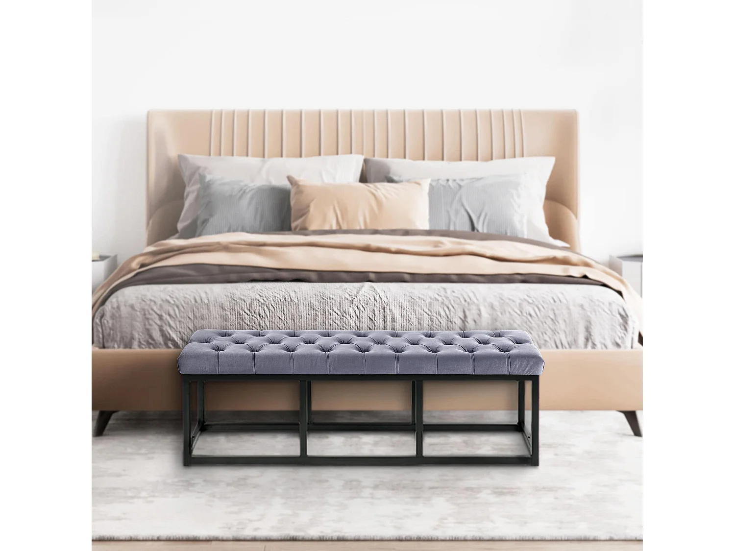 Banco banqueta pie de cama asiento diseño moderno tapizado 120 cm terciopelo gris metal negro mate M10_004442