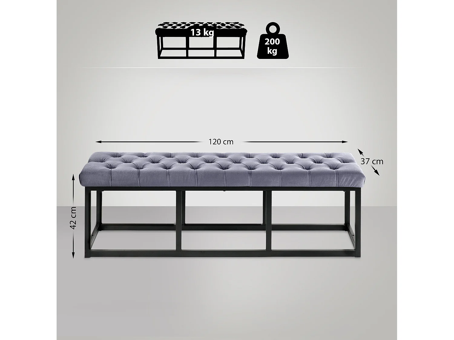 Banco banqueta pie de cama asiento diseño moderno tapizado 120 cm terciopelo gris metal negro mate M10_004442