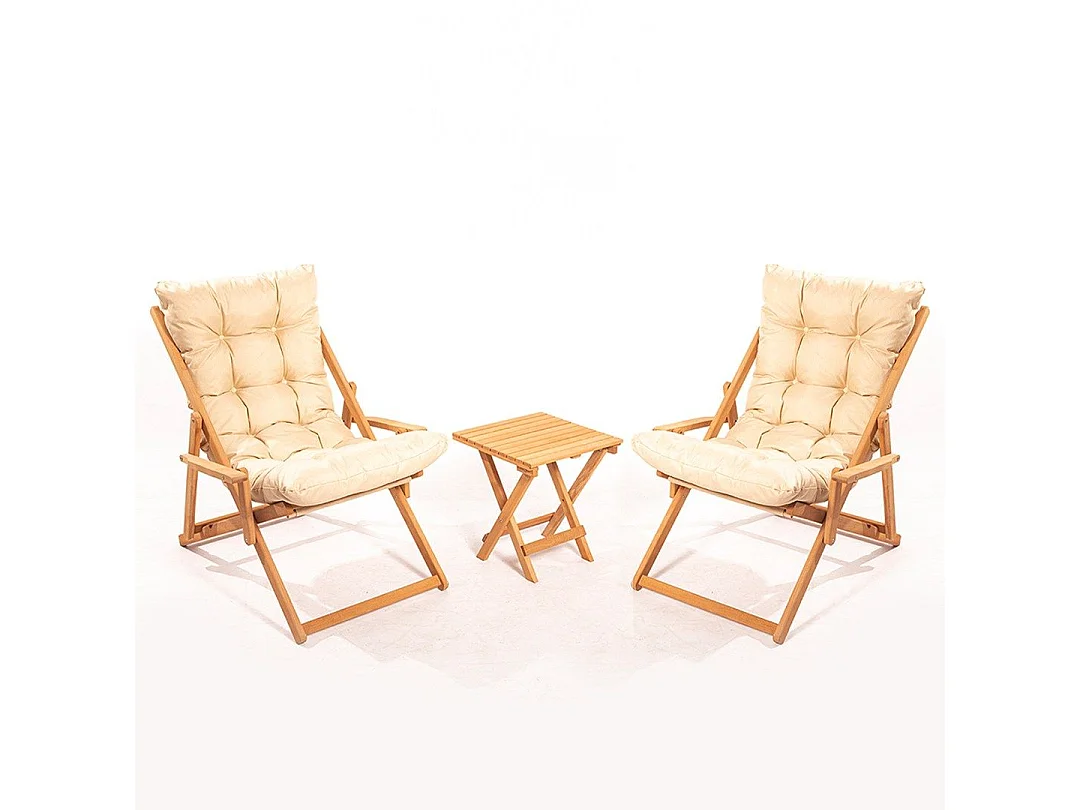 Ensemble 2 chaises de jardin et 1 table basse Purrault Bois massif clair et Tissu Blanc crème