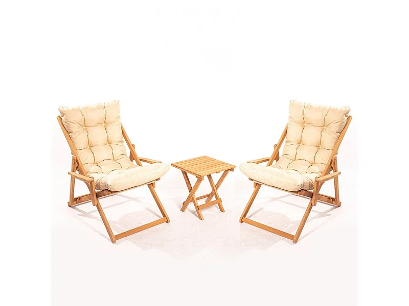 Ensemble 2 chaises de jardin et 1 table basse Purrault Bois massif clair et Tissu Blanc crème