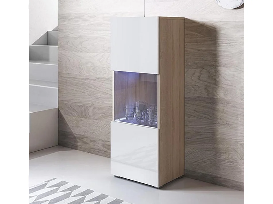 Vitrine pour Salon Salle à manger en Sonoma et Blanc avec LED 40x29x128cm Luke V3