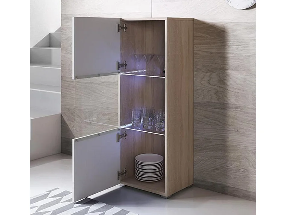 Vitrine pour Salon Salle à manger en Sonoma et Blanc avec LED 40x29x128cm Luke V3