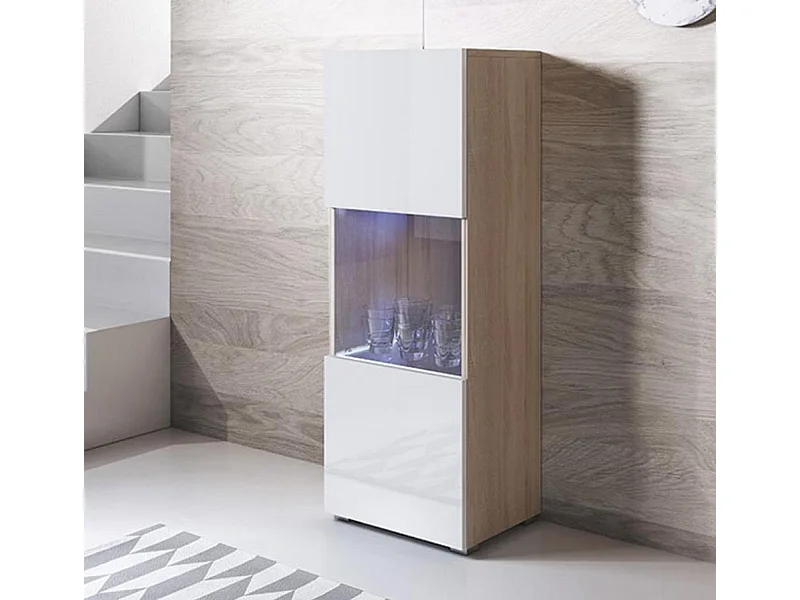 Vitrine pour Salon Salle à manger en Sonoma et Blanc avec LED 40x29x128cm Luke V3