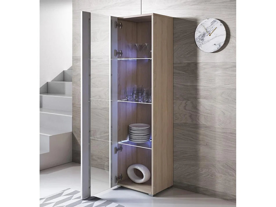 Vitrine pour Salon Salle à manger en Sonoma et Blanc avec LED 40x29x167cm Luke V5