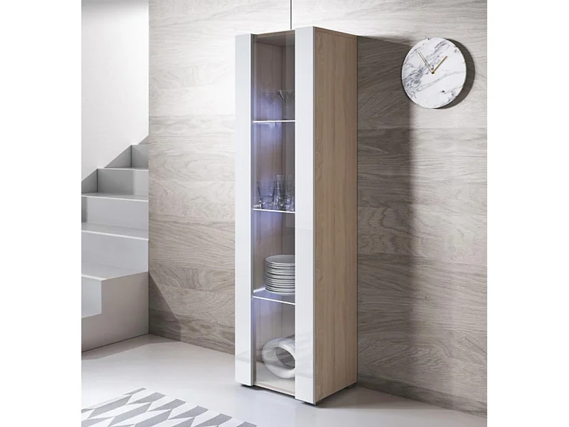 Vitrine pour Salon Salle à manger en Sonoma et Blanc avec LED 40x29x167cm Luke V5