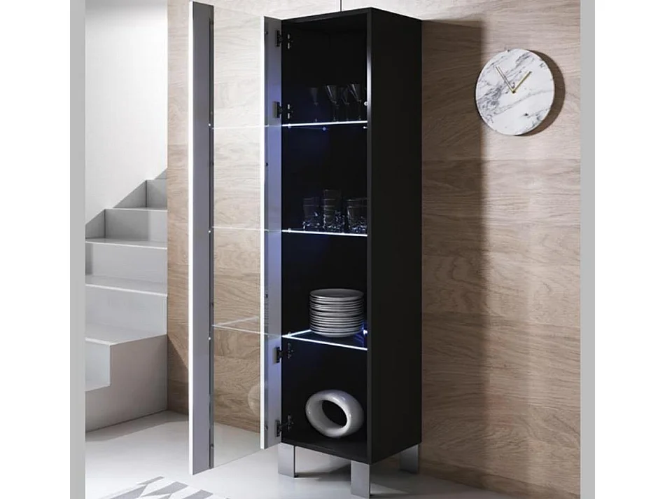Vitrine pour Salon Salle à manger en Noir et Blanc avec LED 40x29x177cm Luke V5