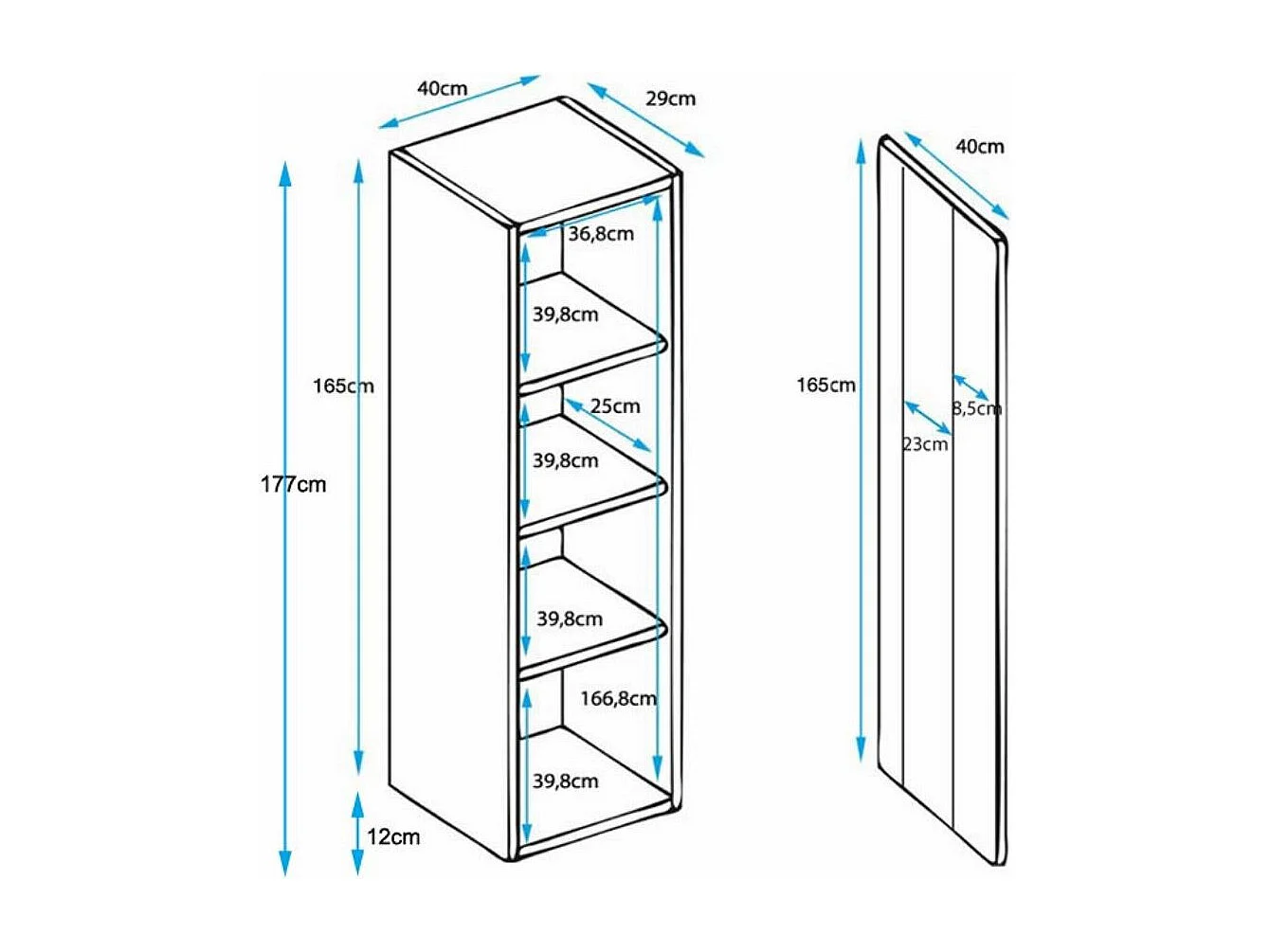 Vitrine pour Salon Salle à manger en Noir et Blanc avec LED 40x29x177cm Luke V5