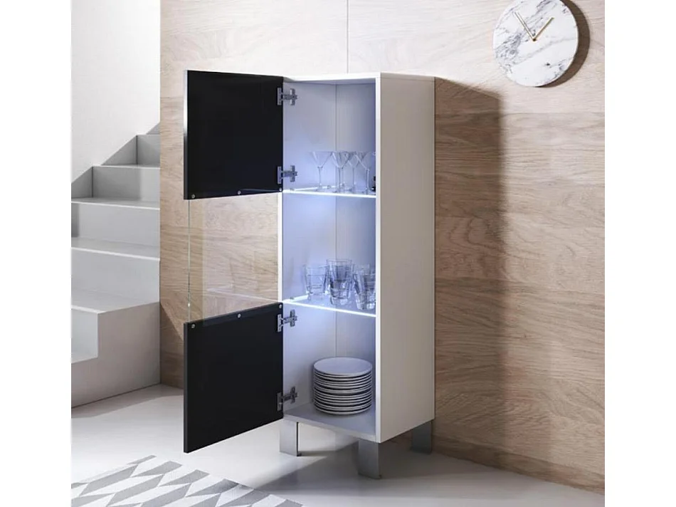 Vitrine pour Salon Salle à manger en Blanc et Noir avec LED 40x29x138cm Luke V3