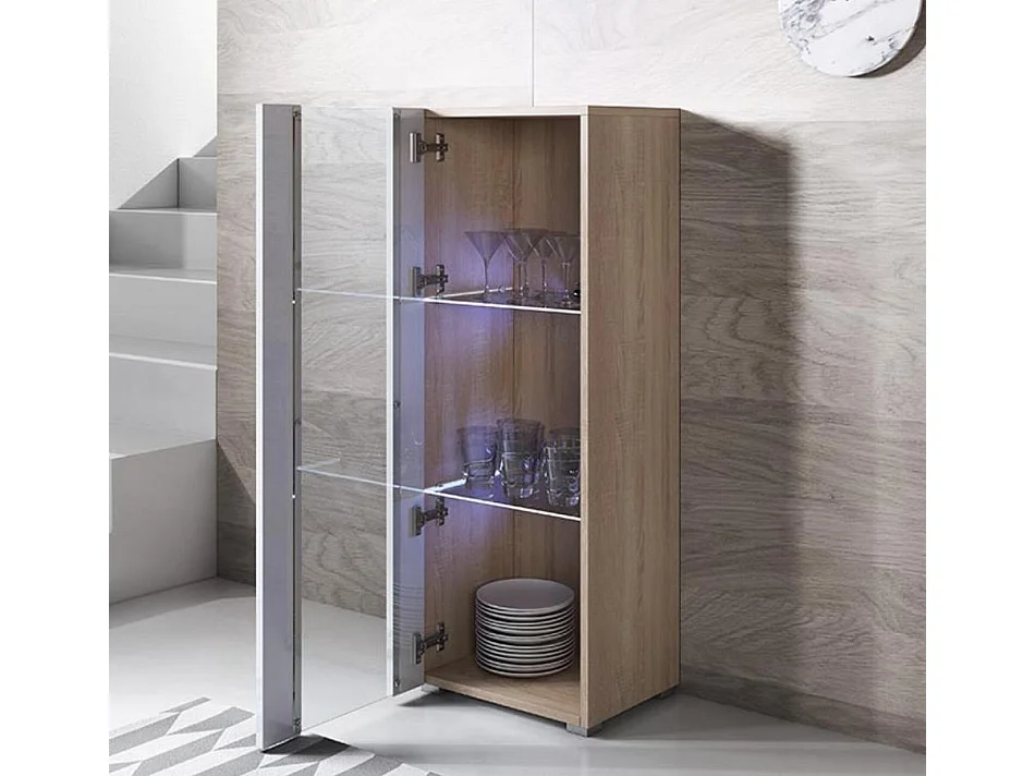 Vitrine pour Salon Salle à manger en Sonoma et Blanc avec LED 40x29x128cm Luke V2