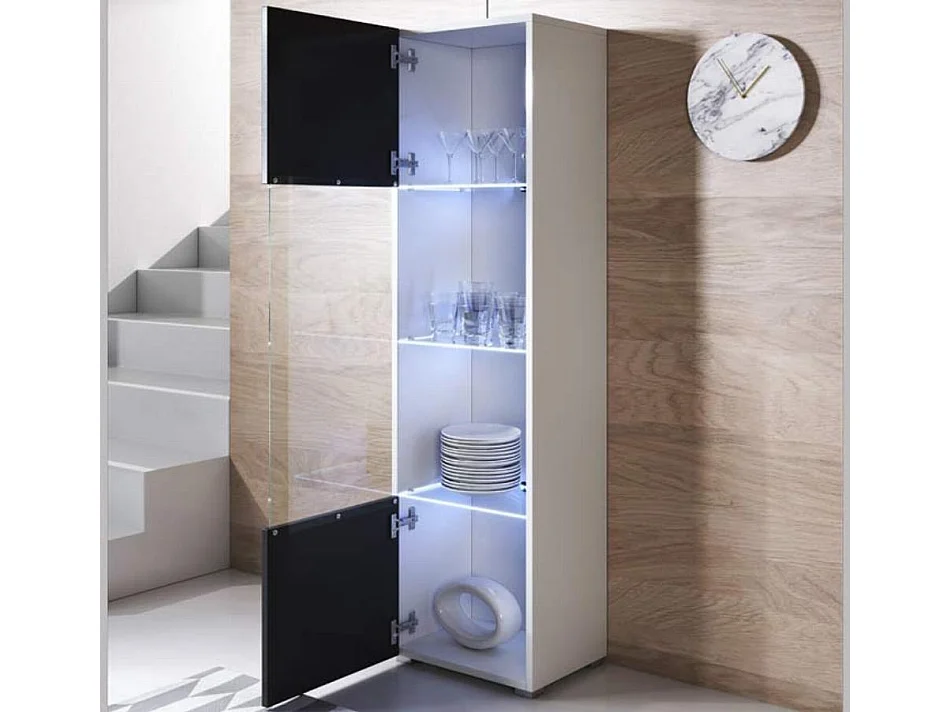 Vitrine pour Salon Salle à manger en Blanc et Noir avec LED 40x29x167cm Luke V6