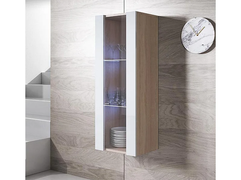 Vitrine pour Salon Salle à manger en Sonoma et Blanc avec LED 40x29x126cm Luke V2