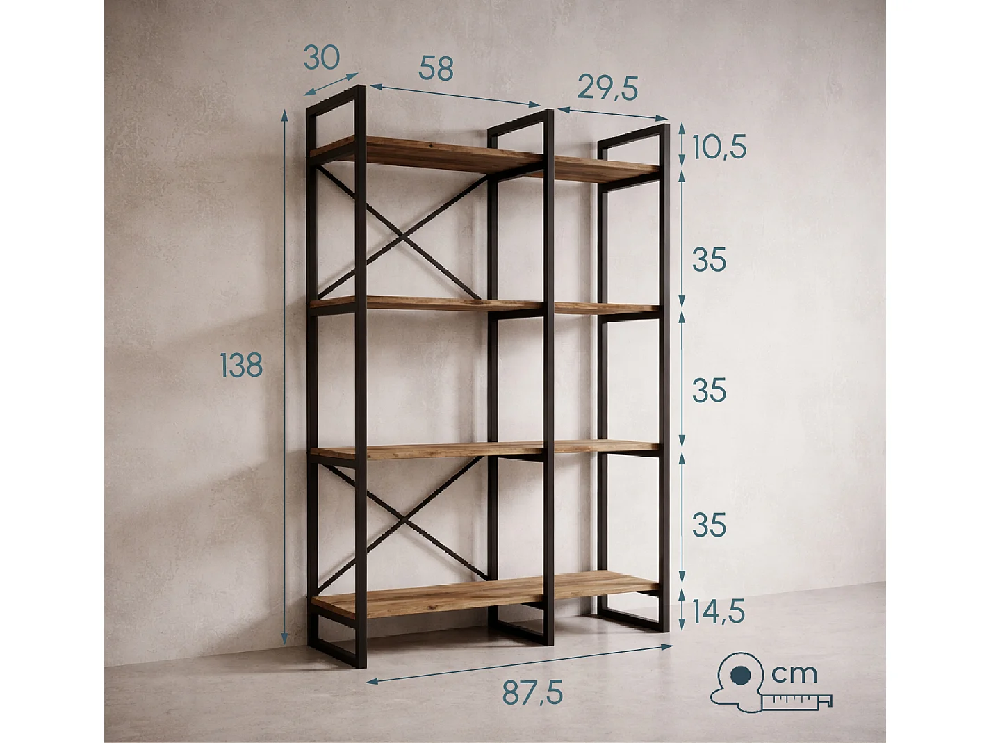 Etagère pour Salon Salle à manger en Pin Atlantique et Acier 87,5x30x138cm Factory E