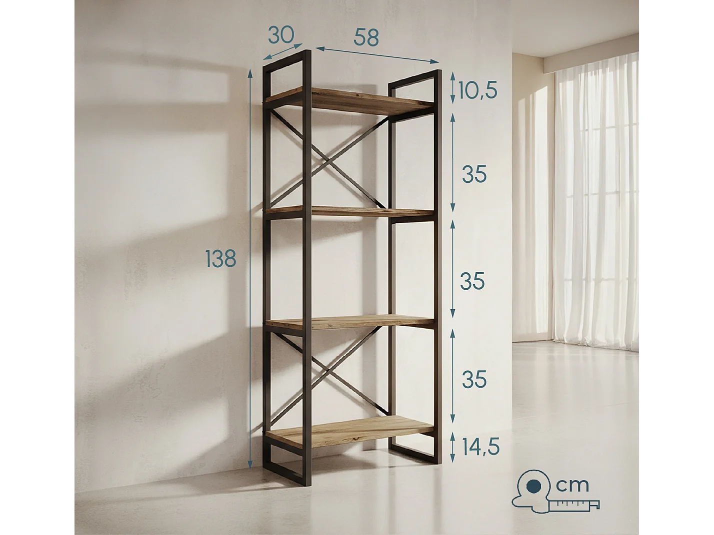 Etagère pour Salon Salle à manger en Pin Atlantique et Acier 58x30x138cm Factory E