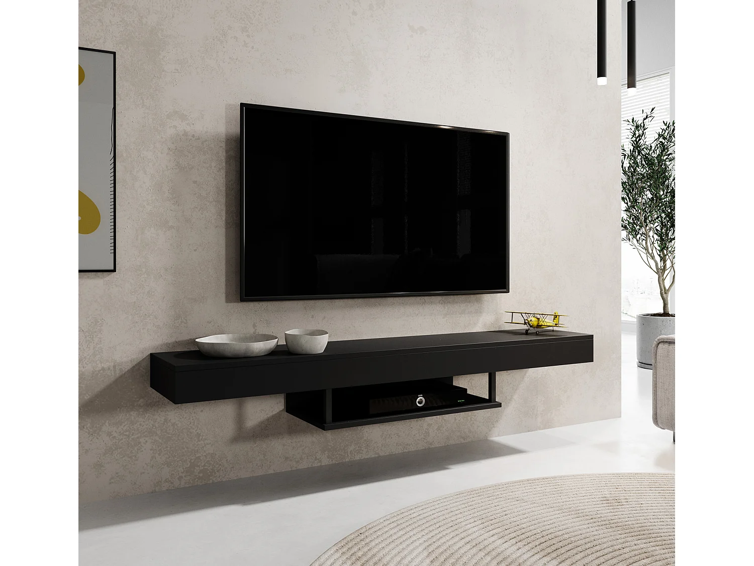 Meuble TV suspendu pour Salon Salle à manger en Noir 150x29,6x22cm Aydin