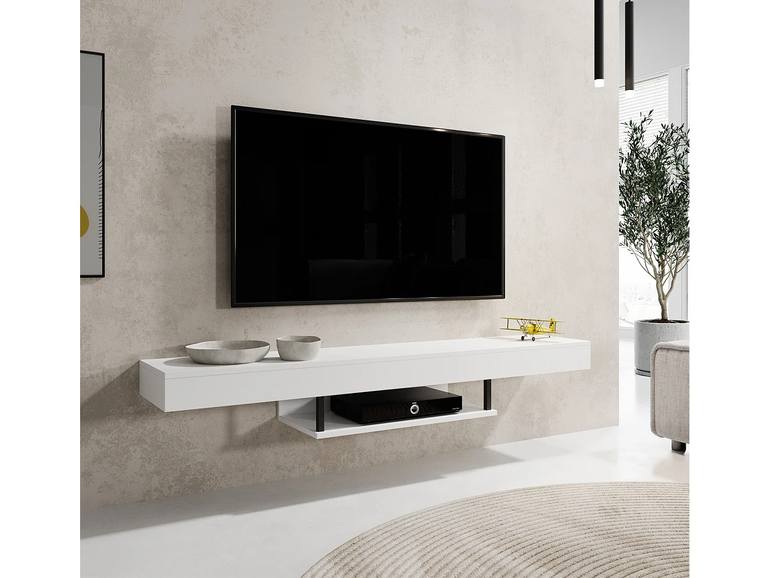 Meuble TV suspendu pour Salon Salle à manger en Blanc 150x29,6x22cm Aydin